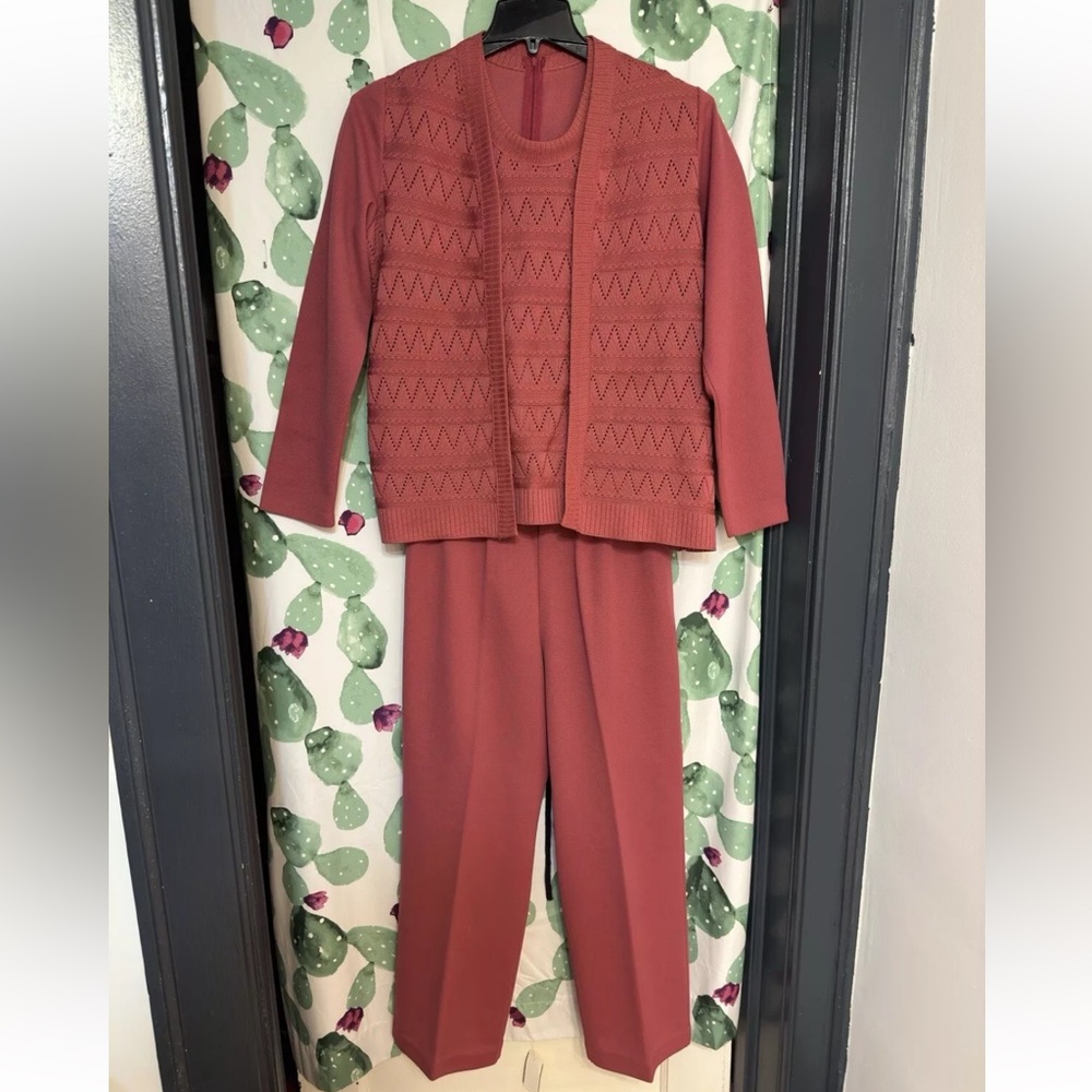 Vintage manicotti knits Pink 3 Piece Pants Sleeveless Tank Open Front Jacket Set